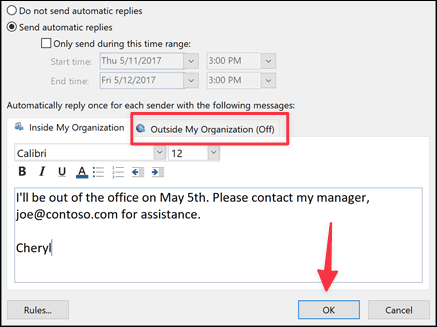 Κάντε κλικ στο OK για να ενεργοποιήσετε το μήνυμα εκτός γραφείου