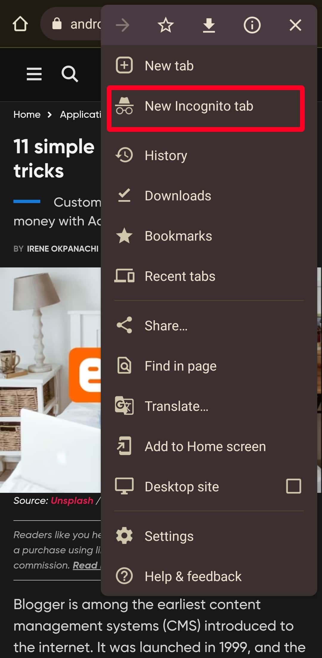 Ενεργοποίηση της λειτουργίας νέας καρτέλας ανώνυμης περιήγησης στο πρόγραμμα περιήγησης για κινητά Chrome