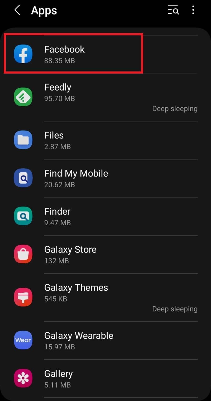 Στιγμιότυπο οθόνης της εφαρμογής Facebook κάτω από τις Εφαρμογές
