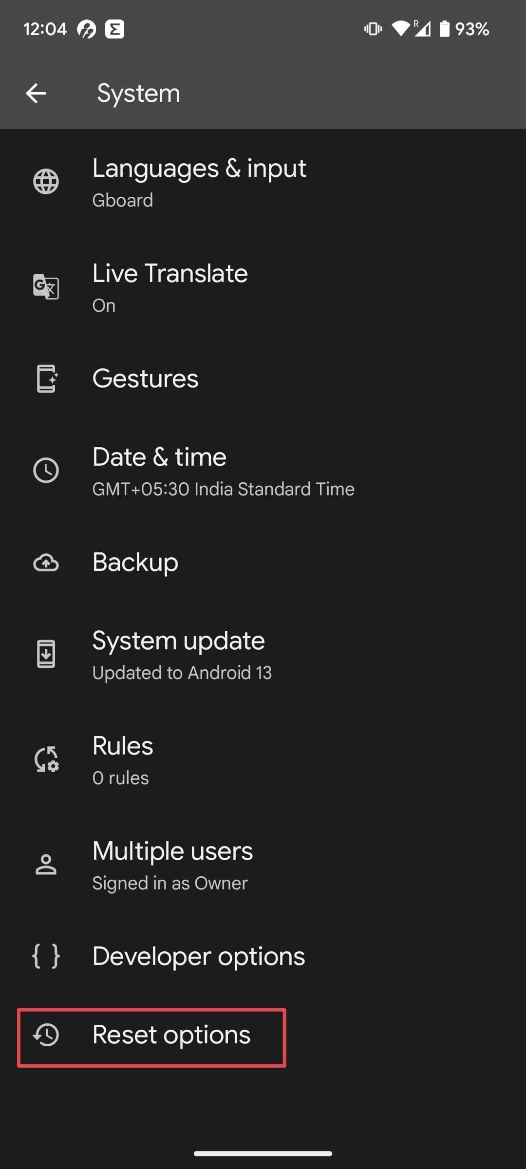 Ένα στιγμιότυπο οθόνης του μενού ρυθμίσεων Android με τις επιλογές επαναφοράς σε κύκλο. 