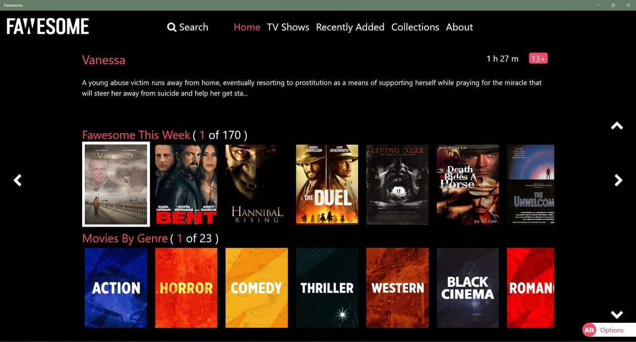 στιγμιότυπο οθόνης της καταπληκτικής αρχικής σελίδας της εφαρμογής Windows με είδη ταινιών και αφίσες στην οθόνη