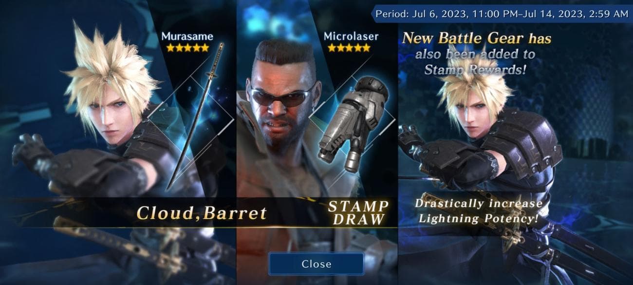 Προεπισκόπηση ενός banner αύξησης ποσοστού gacha στο Final Fantasy VII: Ever Crisis