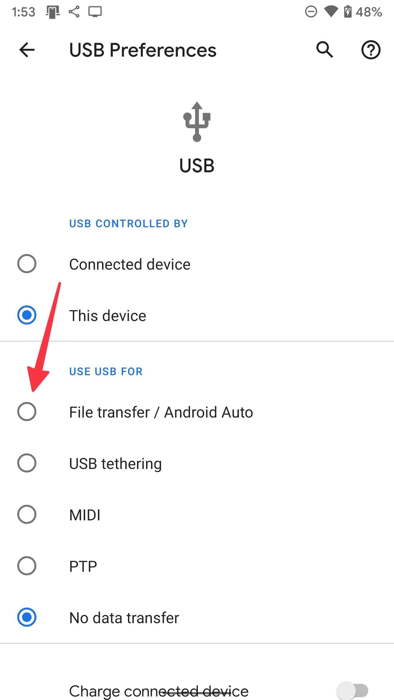 Screenshot of file transfer from Android device via USB