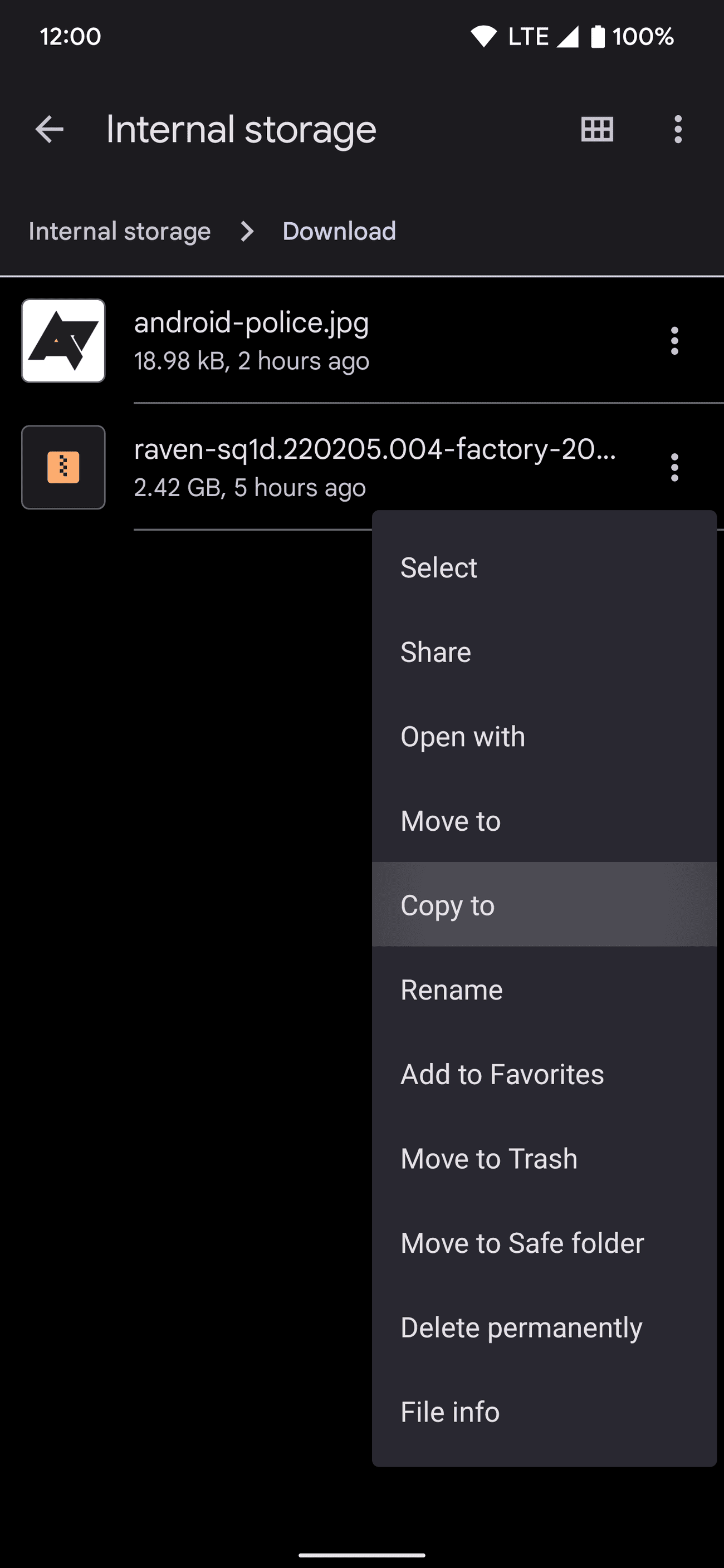 Η εφαρμογή Files by Google στο Android επισημαίνοντας την επιλογή Αντιγραφή σε
