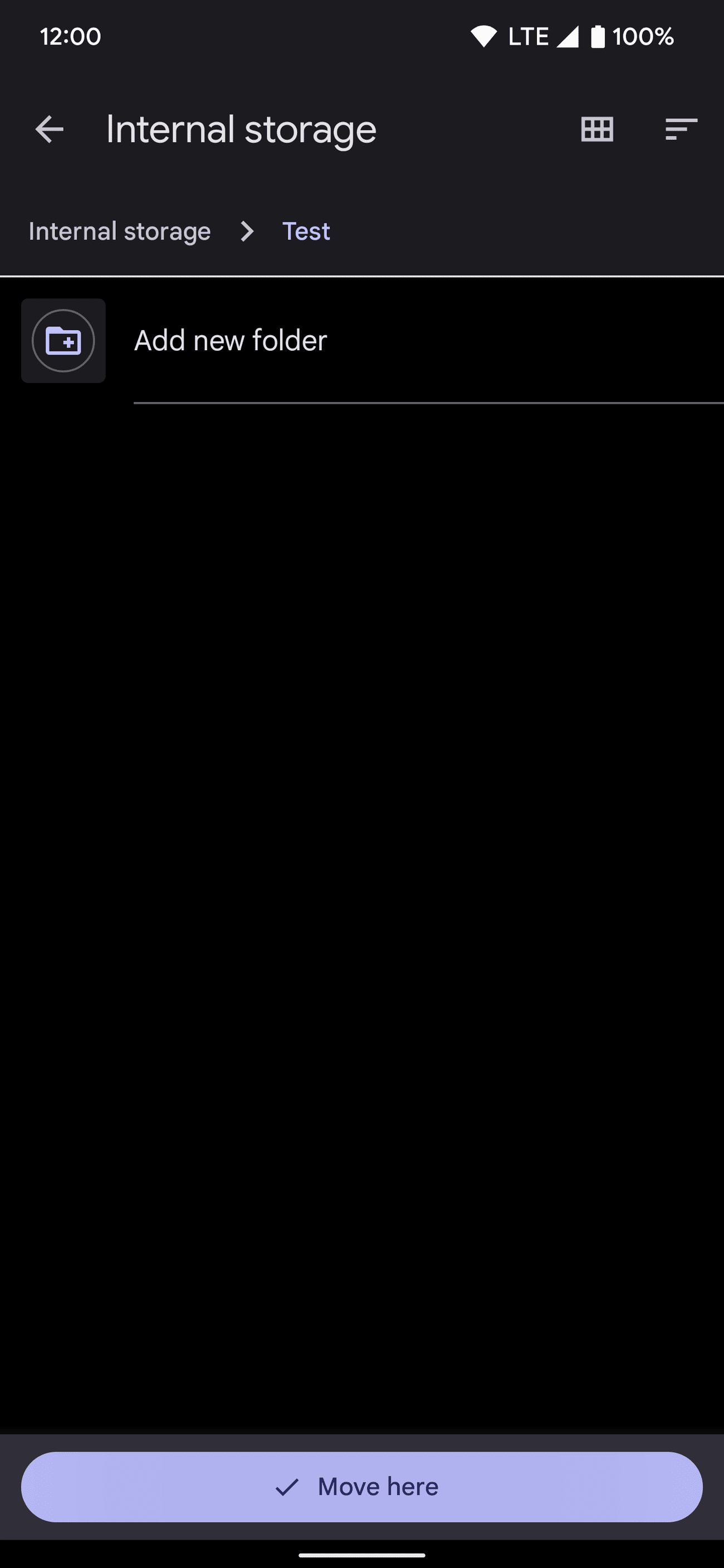 Η εφαρμογή Files by Google στο Android εμφανίζει έναν φάκελο δοκιμής με την επιλογή Μετακίνηση εδώ για να μετακινήσετε ένα αρχείο