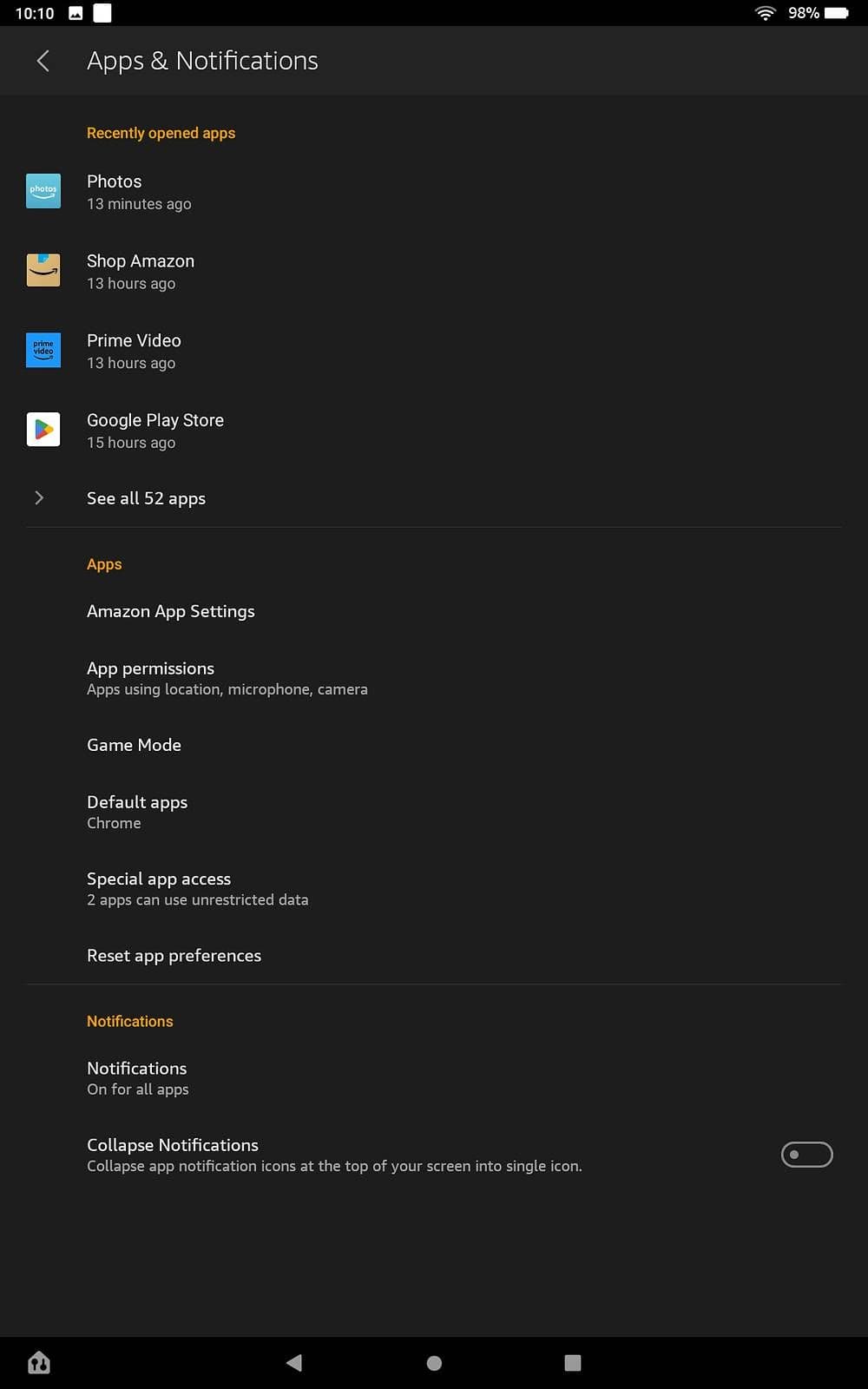 Το μενού Εφαρμογές και Ειδοποιήσεις σε μια καρτέλα Fire HD 10