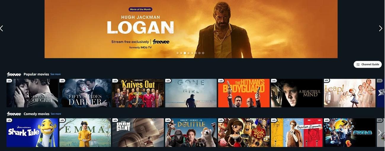 στιγμιότυπο οθόνης της αρχικής σελίδας του ιστότοπου freevee