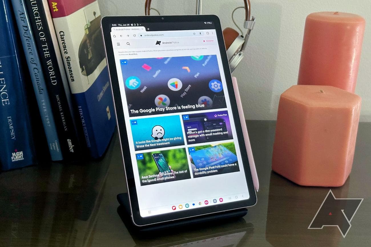 Samsung Galaxy Tab S6 Lite in stand with Chrome browsing showing Android Police home page.