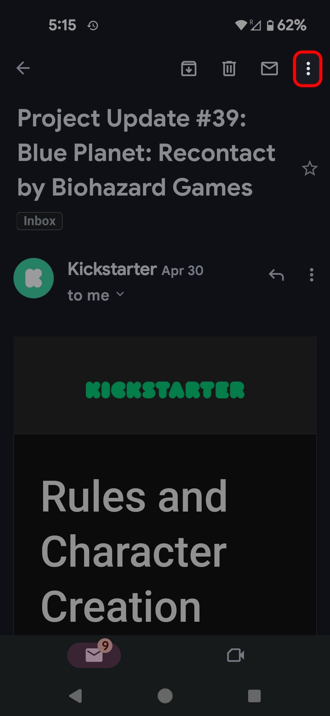 Προβολή email του Gmail που επισημαίνει το εικονίδιο μενού με τις τρεις κουκκίδες
