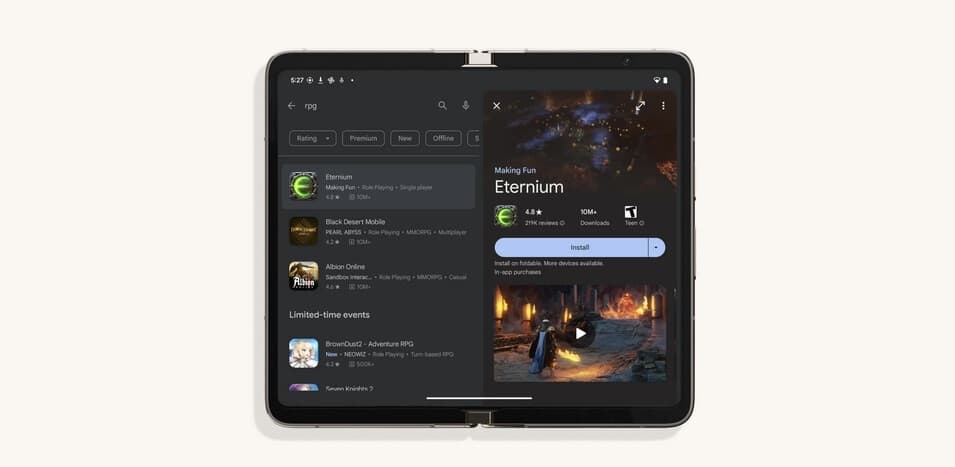 Τα αποτελέσματα αναζήτησης σε συσκευές Android με μεγάλη οθόνη θα είναι δίπλα-δίπλα με λεπτομέρειες εφαρμογής - Οι αλλαγές στο Play Store της Google θα βελτιώσουν την ποιότητα των εφαρμογών για το Galaxy Z Fold 5