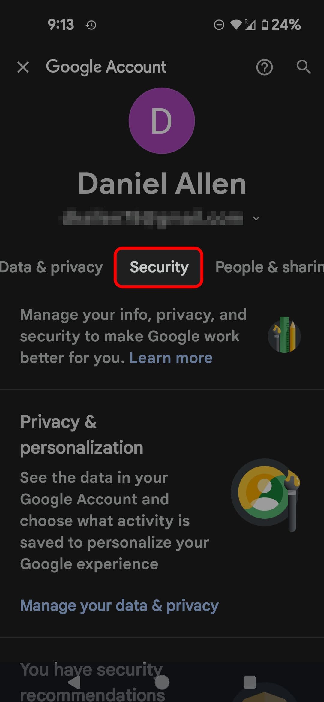 Αρχική σελίδα κινητού λογαριασμού Google που επισημαίνει την επιλογή Ασφάλεια