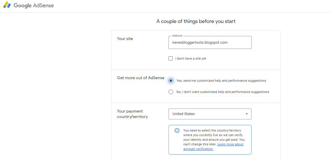 Google AdSense set up web page