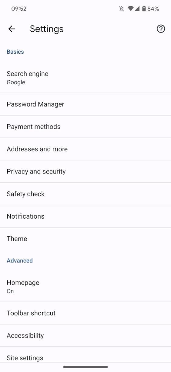 στιγμιότυπο οθόνης του μενού ρυθμίσεων της εφαρμογής Google Chrome για Android