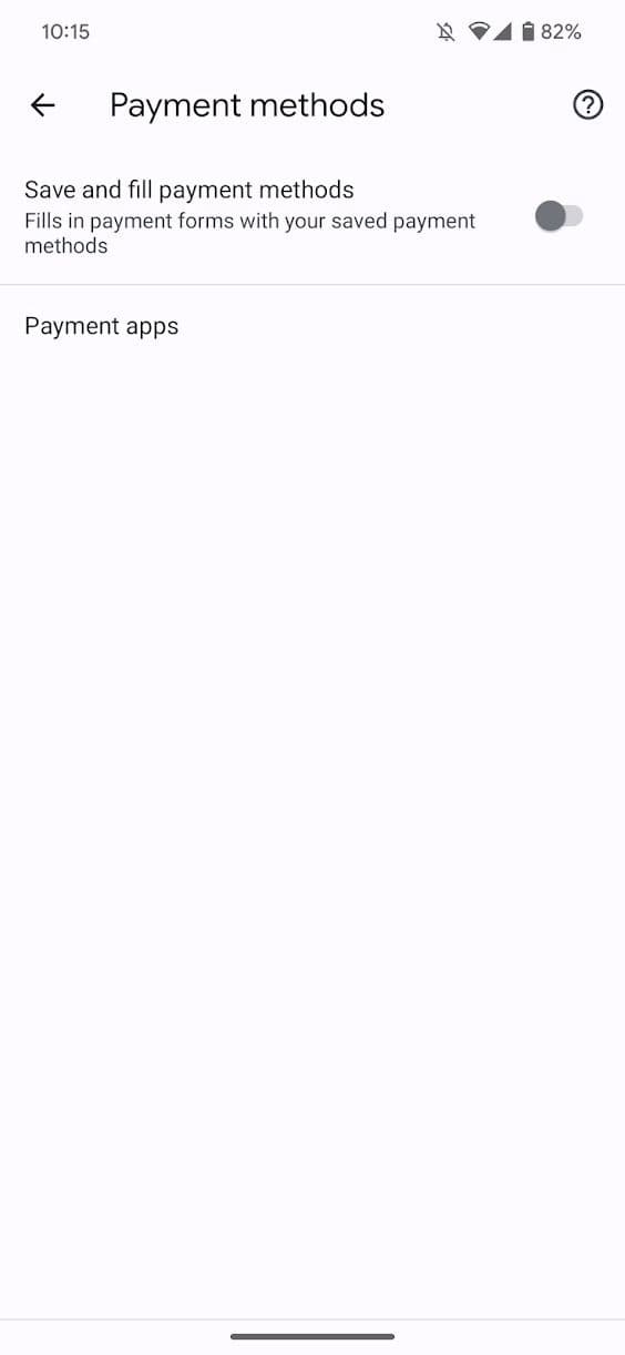 στιγμιότυπο οθόνης της οθόνης τρόπων πληρωμής της εφαρμογής Google Chrome για Android