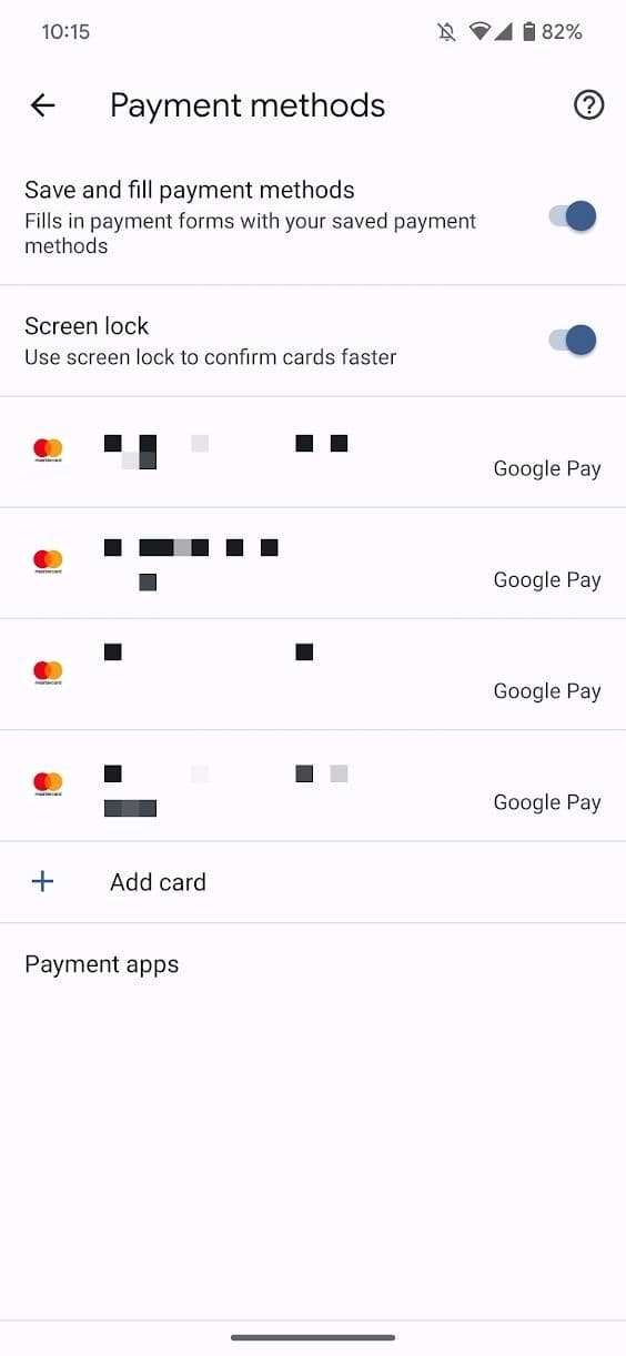 στιγμιότυπο οθόνης της οθόνης αποθηκευμένων καρτών της εφαρμογής Google Chrome για Android