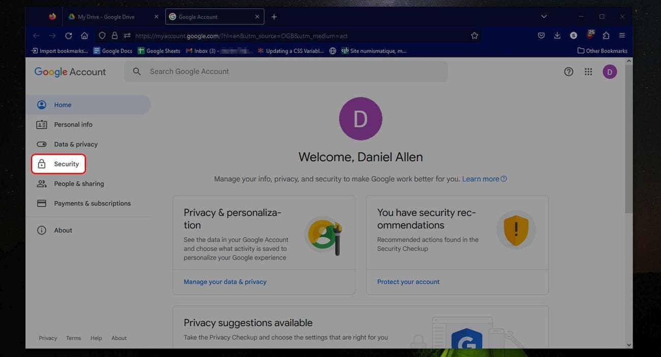 Αρχική σελίδα Λογαριασμού Google που επισημαίνει την επιλογή Ασφάλεια