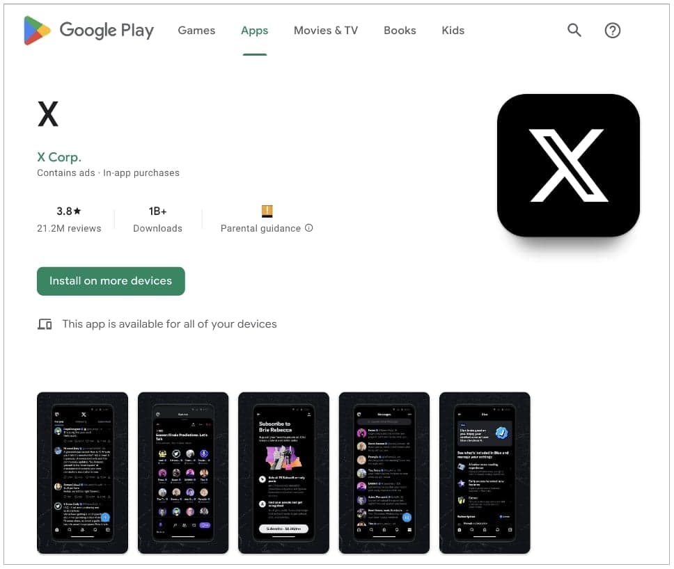 Το Google Play εμφανίζει το όνομα X για την εφαρμογή Twitter Android
