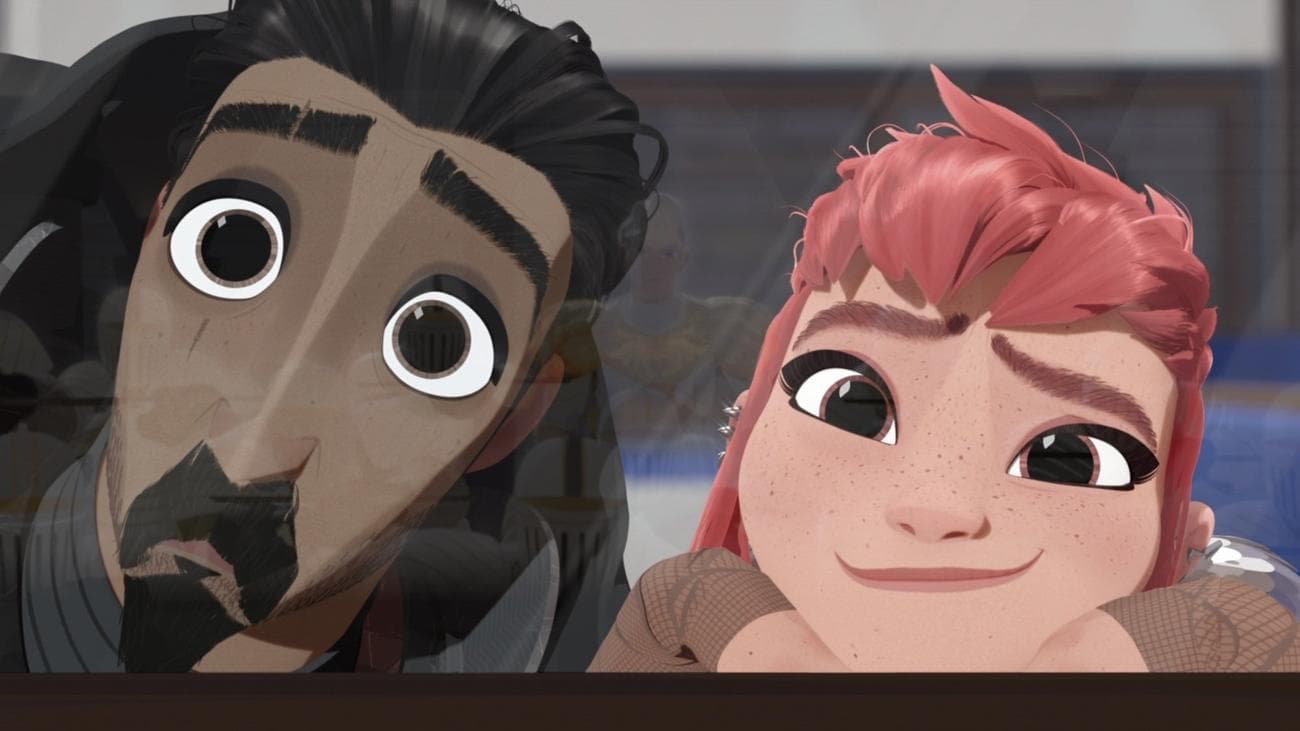 Μια απεικόνιση ενός άνδρα και ενός νεαρού κοριτσιού με ροζ μαλλιά. 