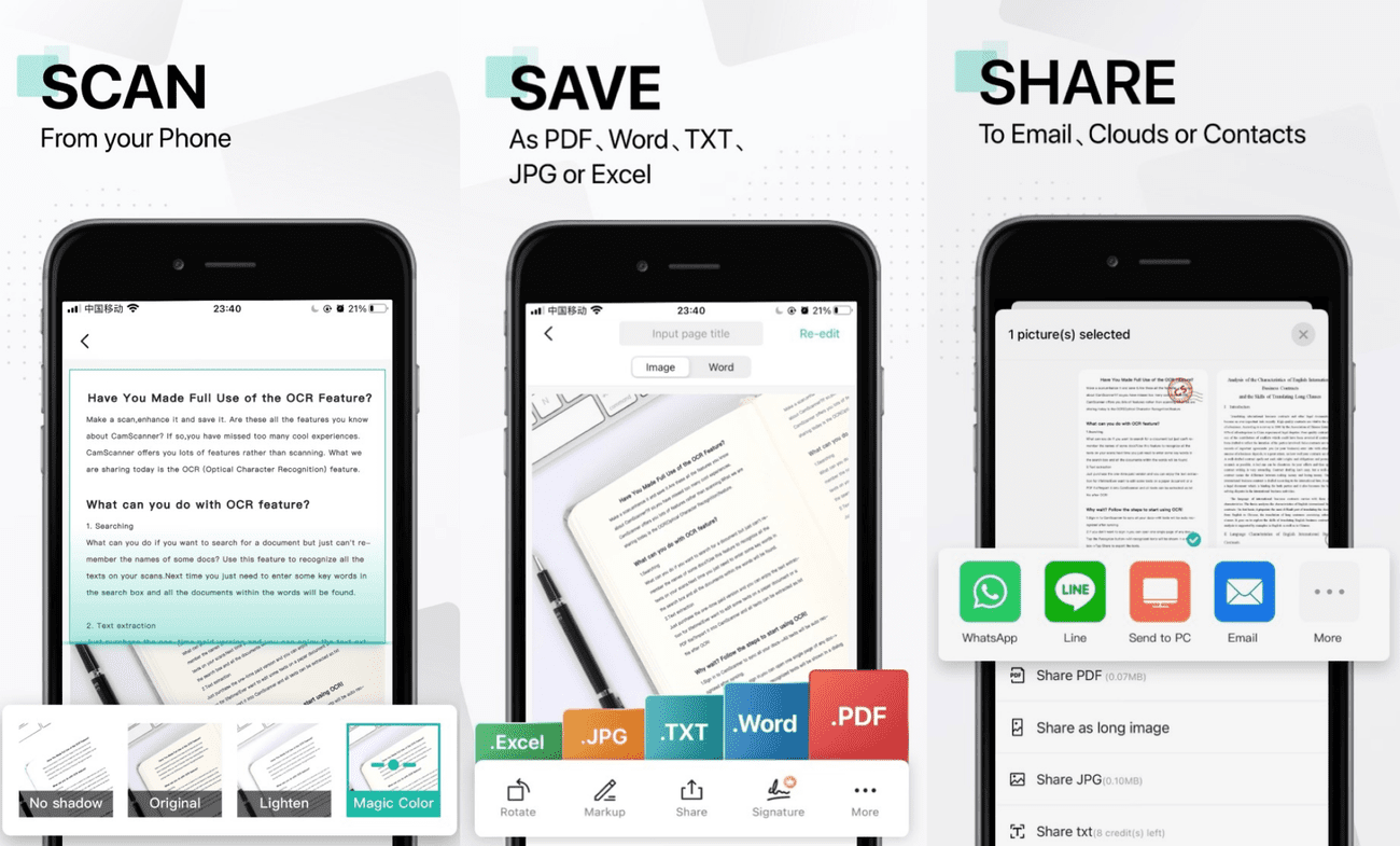 Τρία στιγμιότυπα οθόνης του τρόπου λειτουργίας του CamScanner