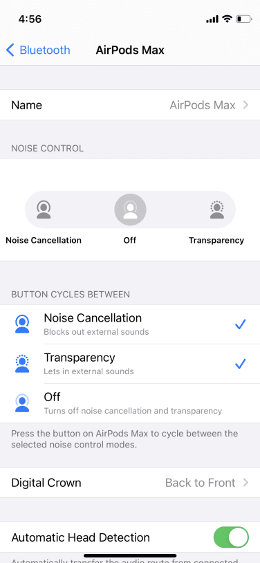 An iPhone screenshot displaying the Settings for the Airpods Max. 