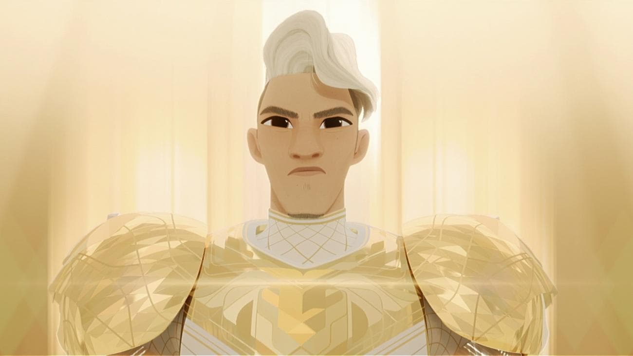 Ένας αποφασισμένος ιππότης με λαμπερή χρυσή πανοπλία.