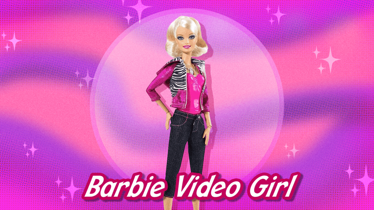 Ροζ φόντο με κούκλα Barbie στη μέση. 