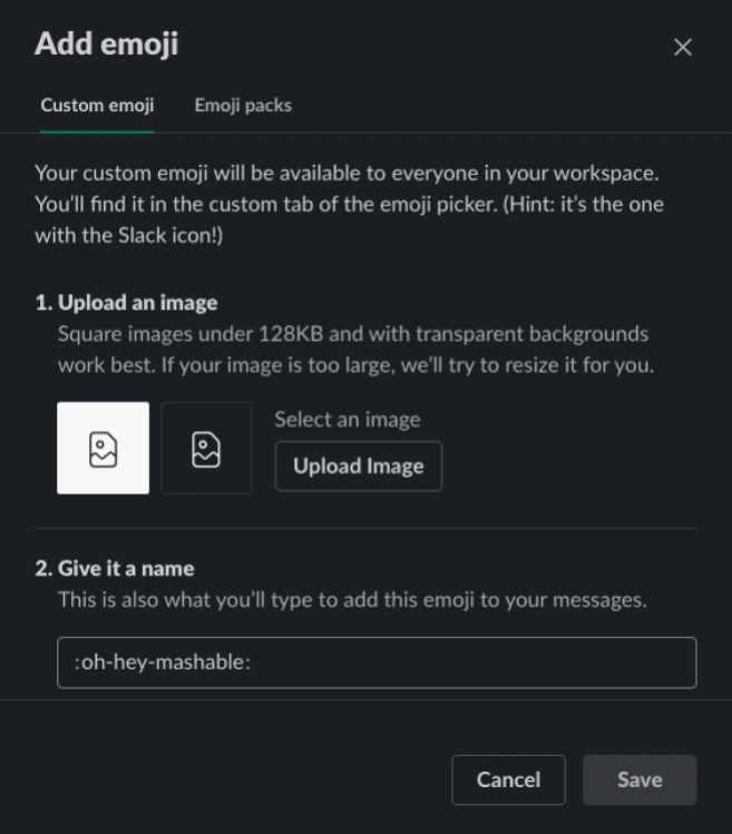 Ένα στιγμιότυπο οθόνης όπου ανεβάζετε εικόνες στο Slack για emoji.