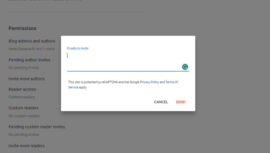 Inviting an author to Blogger website