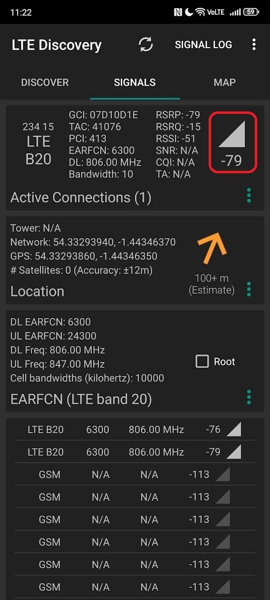 στιγμιότυπο οθόνης της οθόνης λεπτομερειών εφαρμογής εντοπισμού lte
