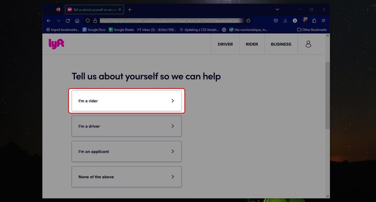 Το διαδικτυακό γραφείο βοήθειας της Lyft επισημαίνει την επιλογή I'm a rider