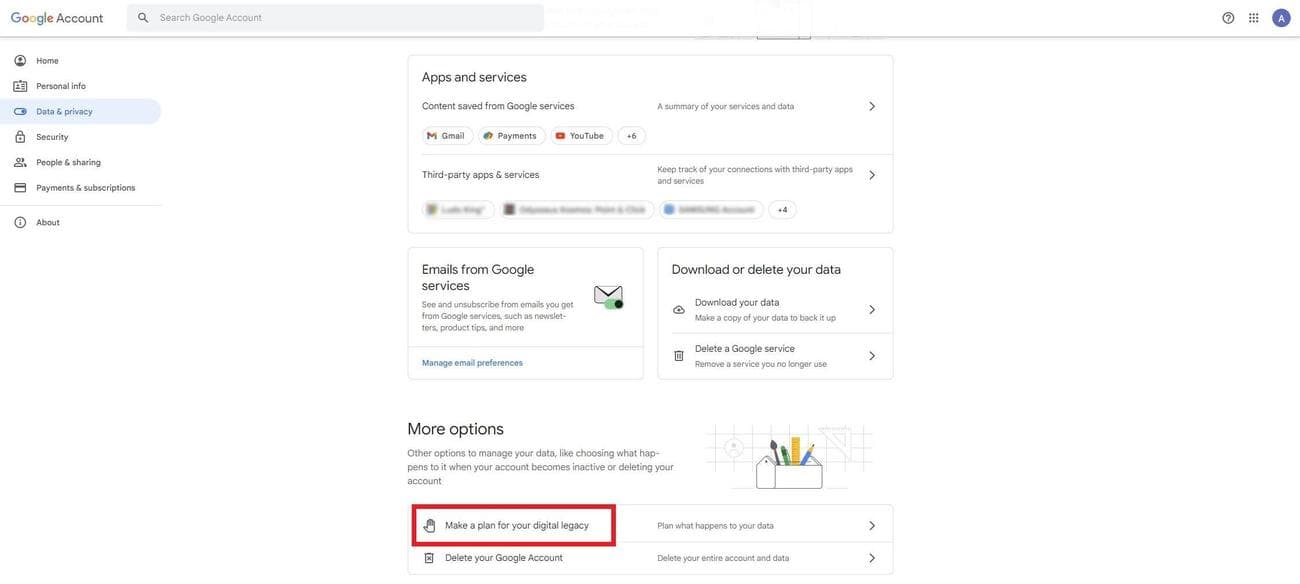 Στιγμιότυπο οθόνης του Φτιάξτε ένα σχέδιο για την ψηφιακή σας κληρονομιά στις ρυθμίσεις λογαριασμού Google