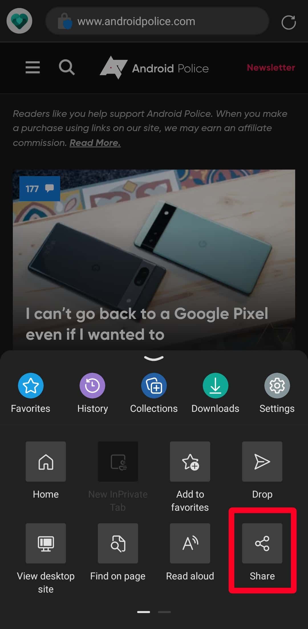 Επιλογές μενού Microsoft Edge στην εφαρμογή για κινητά
