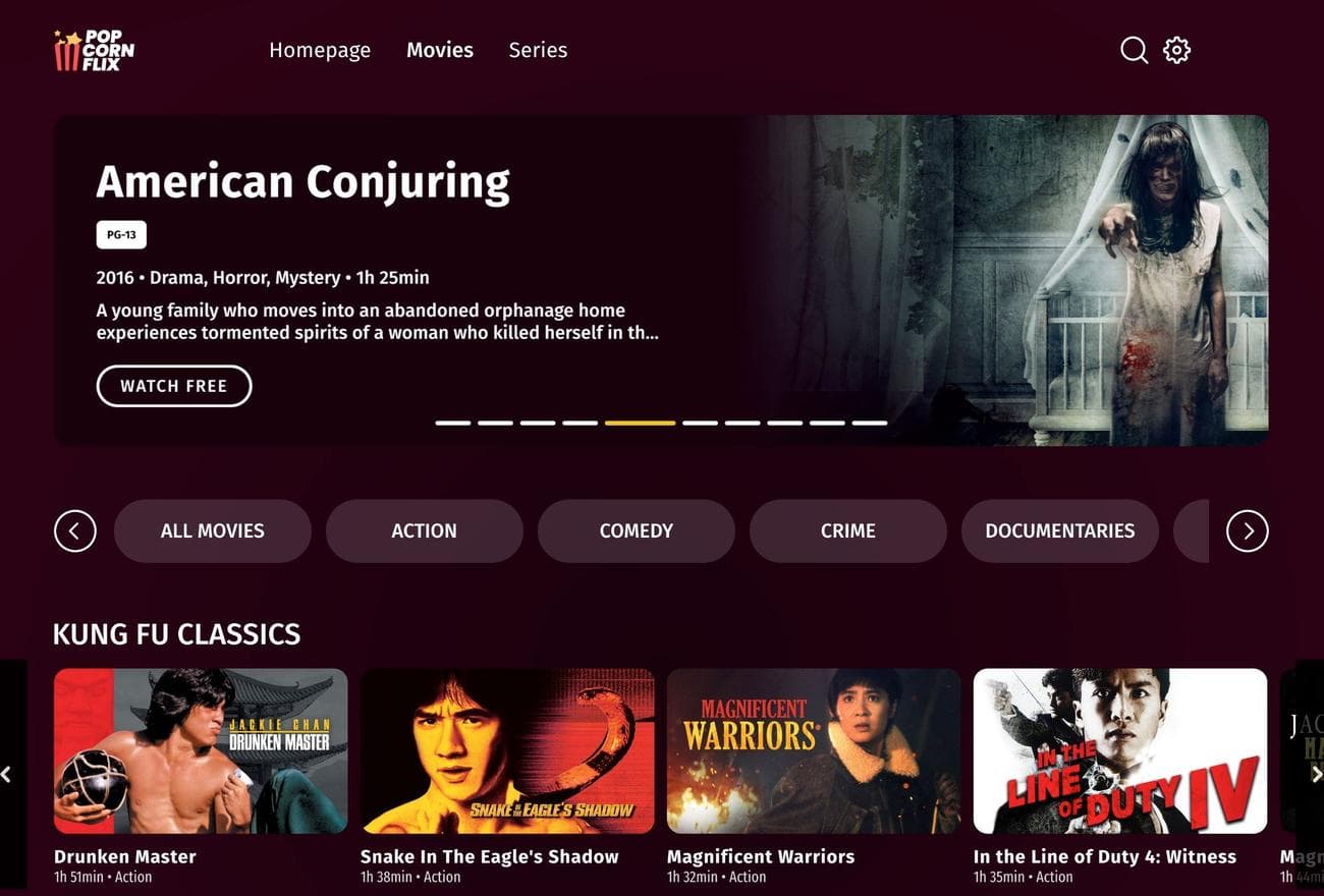 στιγμιότυπο οθόνης της αρχικής οθόνης του ιστότοπου επιτραπέζιου υπολογιστή popcornflix