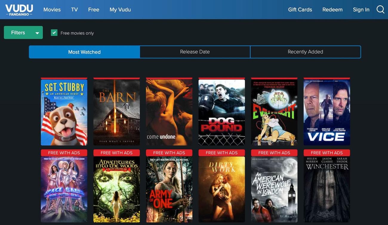 στιγμιότυπο οθόνης της αρχικής οθόνης του ιστότοπου επιτραπέζιου υπολογιστή vudu
