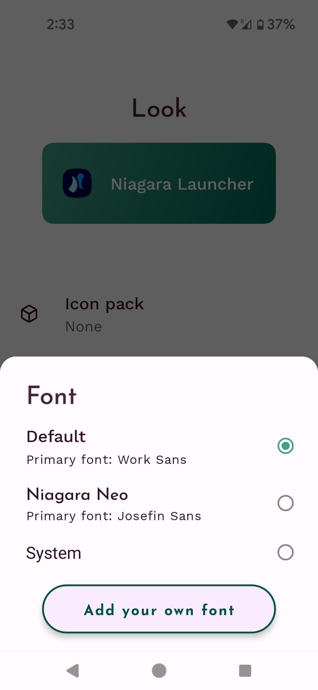 Μενού γραμματοσειράς Niagara Launcher
