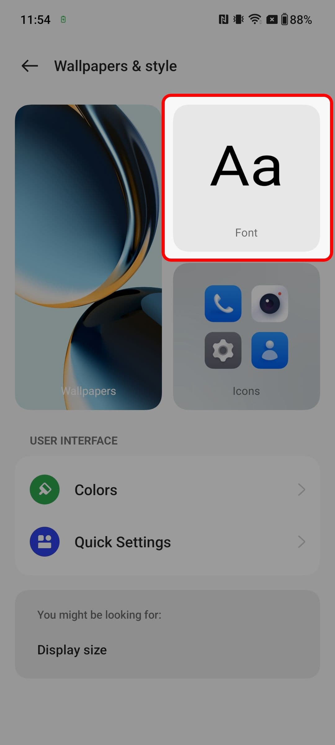 OnePlus Wallpapers & style menu που επισημαίνει την επιλογή Γραμματοσειρά