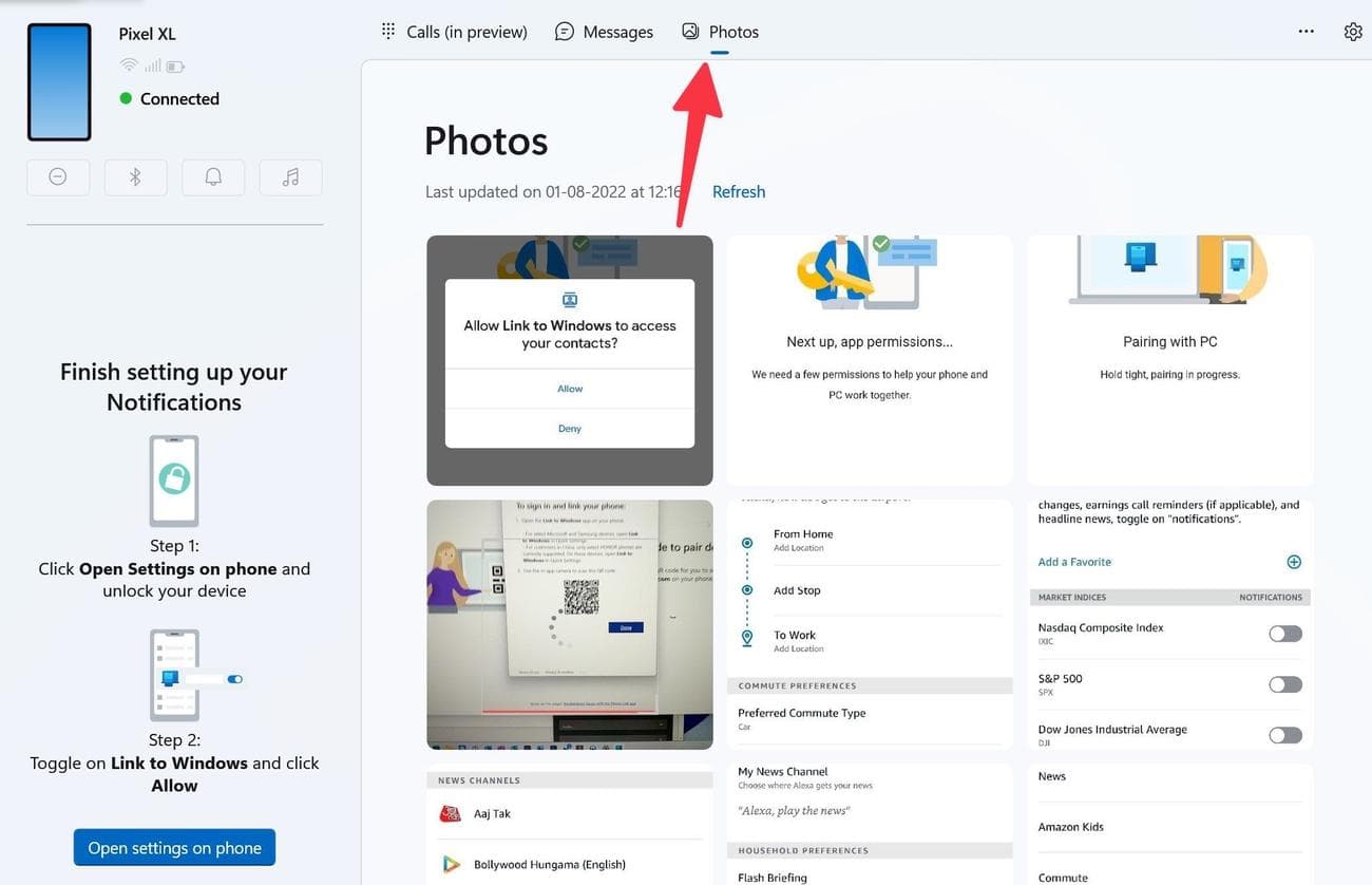 Screenshot of Photos menu in Phone link app