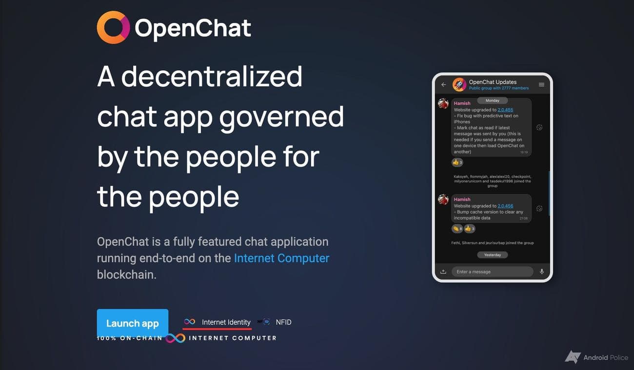 Η αρχική σελίδα της εφαρμογής OpenChat εμφανίζει κείμενο και ένα στιγμιότυπο οθόνης μηνύματος.