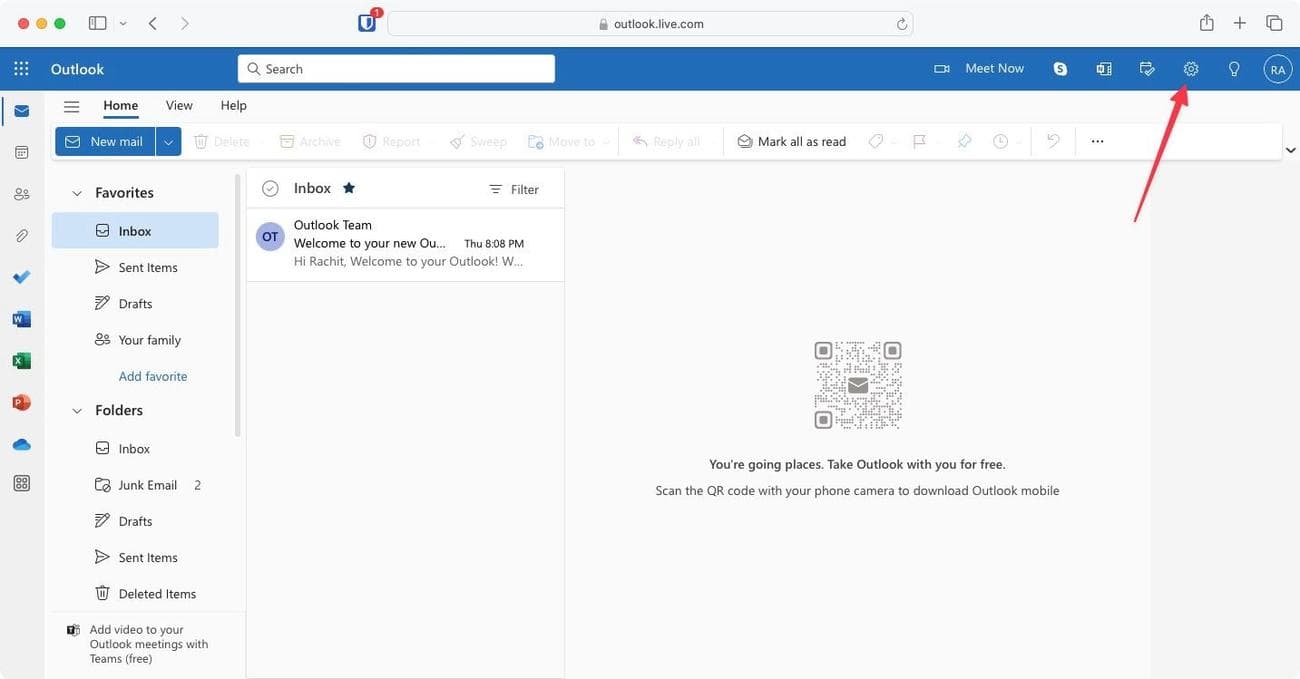 Στιγμιότυπο οθόνης εφαρμογής ιστού του Outlook που δείχνει την επιλογή γρανάζι ρυθμίσεων