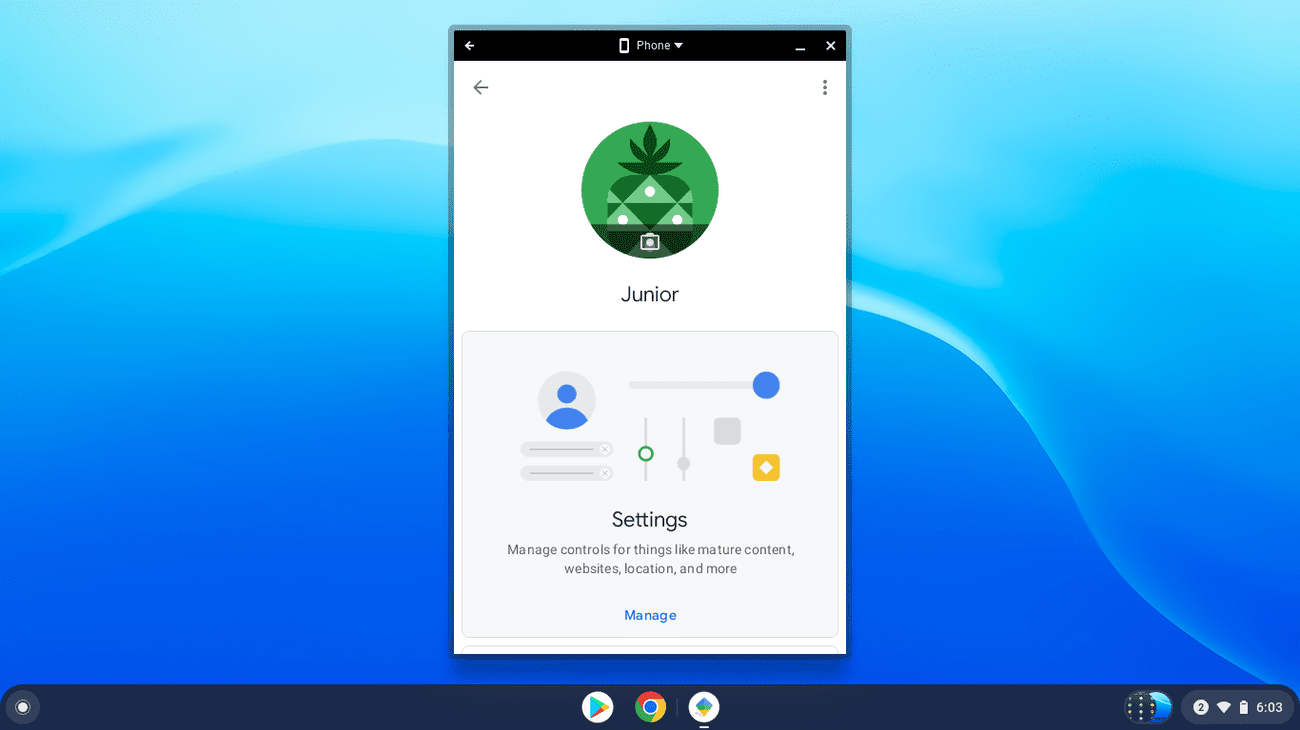 Η εφαρμογή Google Family Link για Android σε ένα Chromebook με μέγεθος για τηλέφωνο
