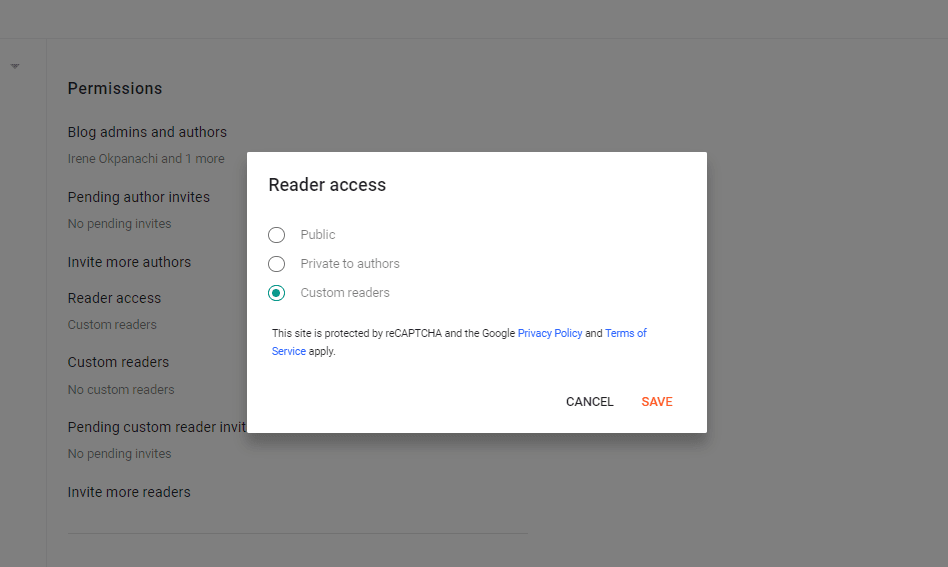 Reader access settings on Blogger
