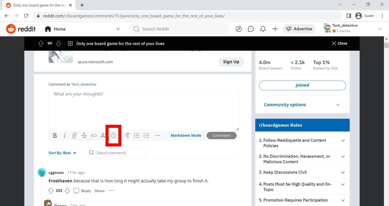 Κόκκινο ορθογώνιο περίγραμμα πάνω από το κουμπί Spoiler στο Reddit (Google Chrome)