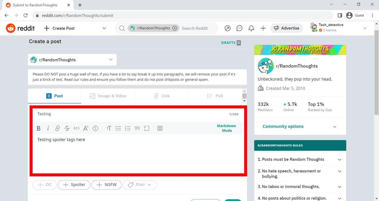 Κόκκινο ορθογώνιο περίγραμμα πλαισίου πάνω από μια κενή ανάρτηση Reddit στο Google Chrome