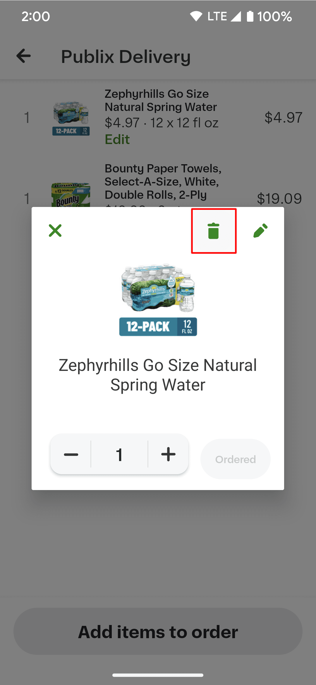 Πατώντας το εικονίδιο του κάδου απορριμμάτων αφαιρείται ένα στοιχείο από την παραγγελία Instacart.