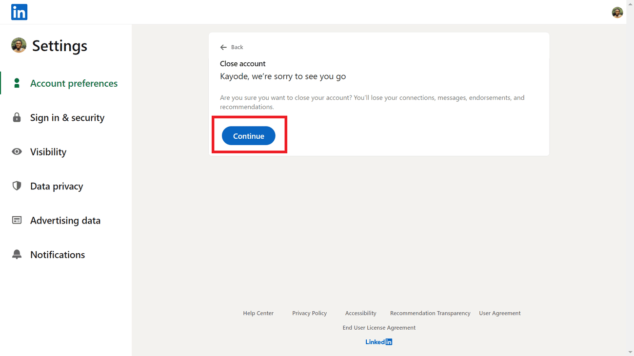 Ένα στιγμιότυπο οθόνης που επισημαίνει το κουμπί Συνέχεια κατά το κλείσιμο ενός λογαριασμού LinkedIn