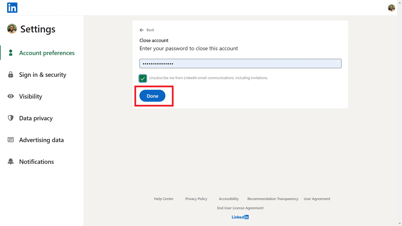 Ένα στιγμιότυπο που δείχνει το τελικό βήμα για το κλείσιμο ενός λογαριασμού LinkedIn