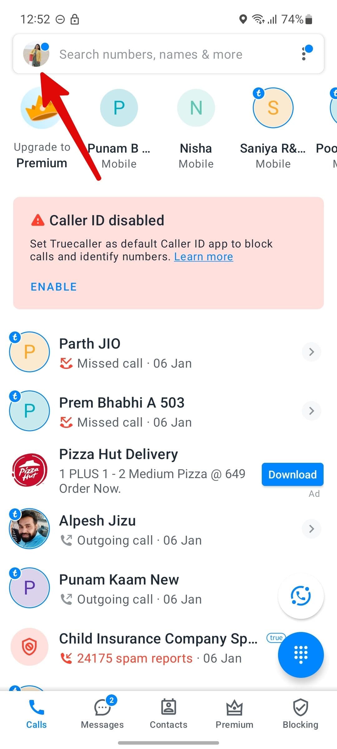 Ανοίξτε το προφίλ Truecaller