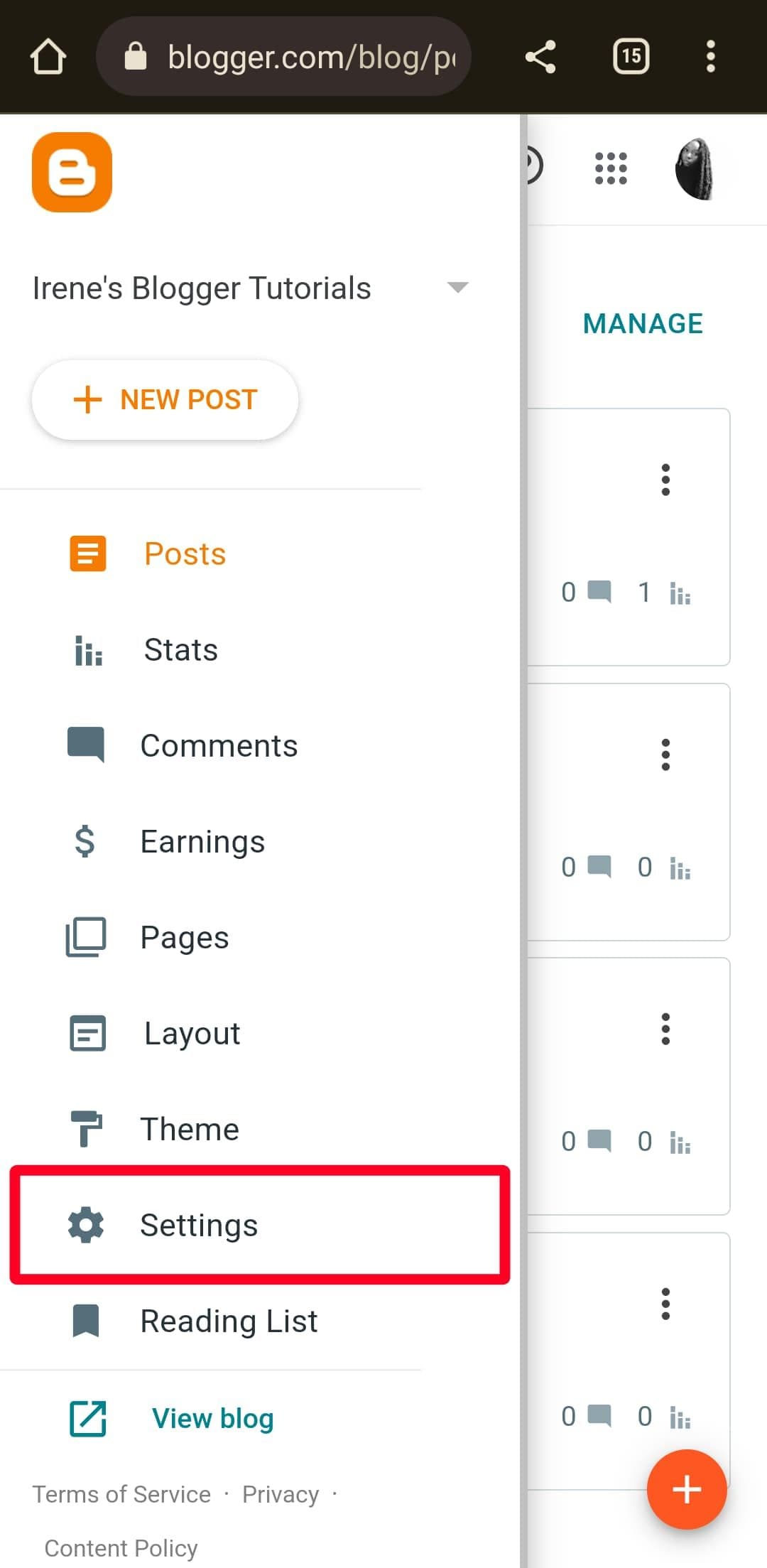 Selecting Settings option from Blogger menu