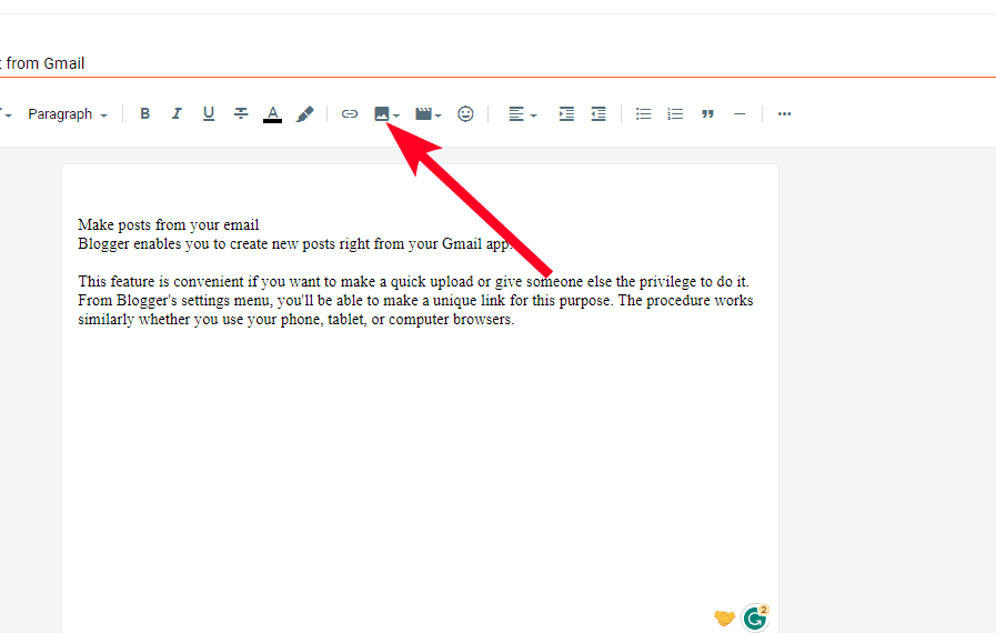 Selecting the image icon for uploading pictures to Blogger posts