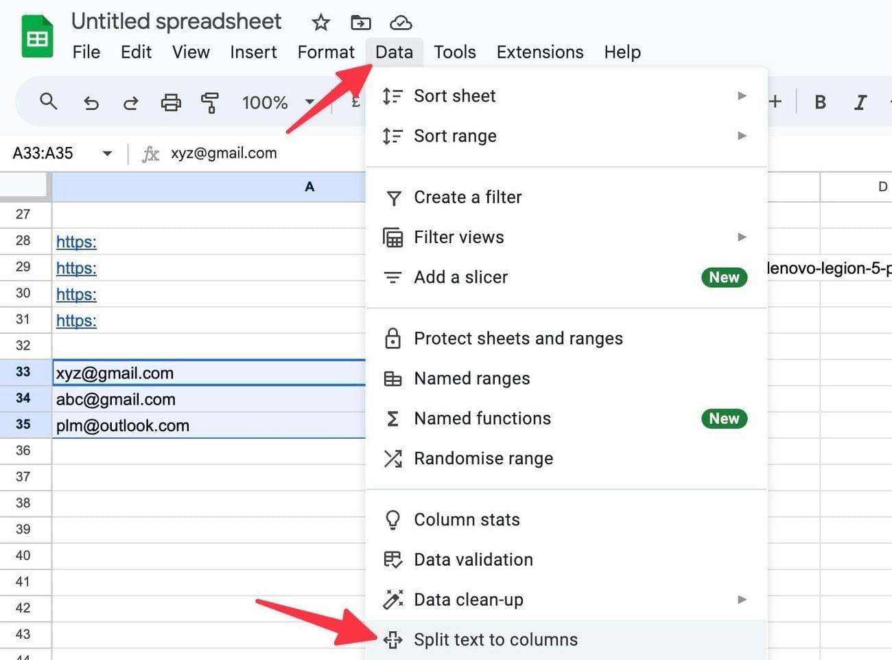 Διαίρεση κειμένου σε στήλες στα Φύλλα Google